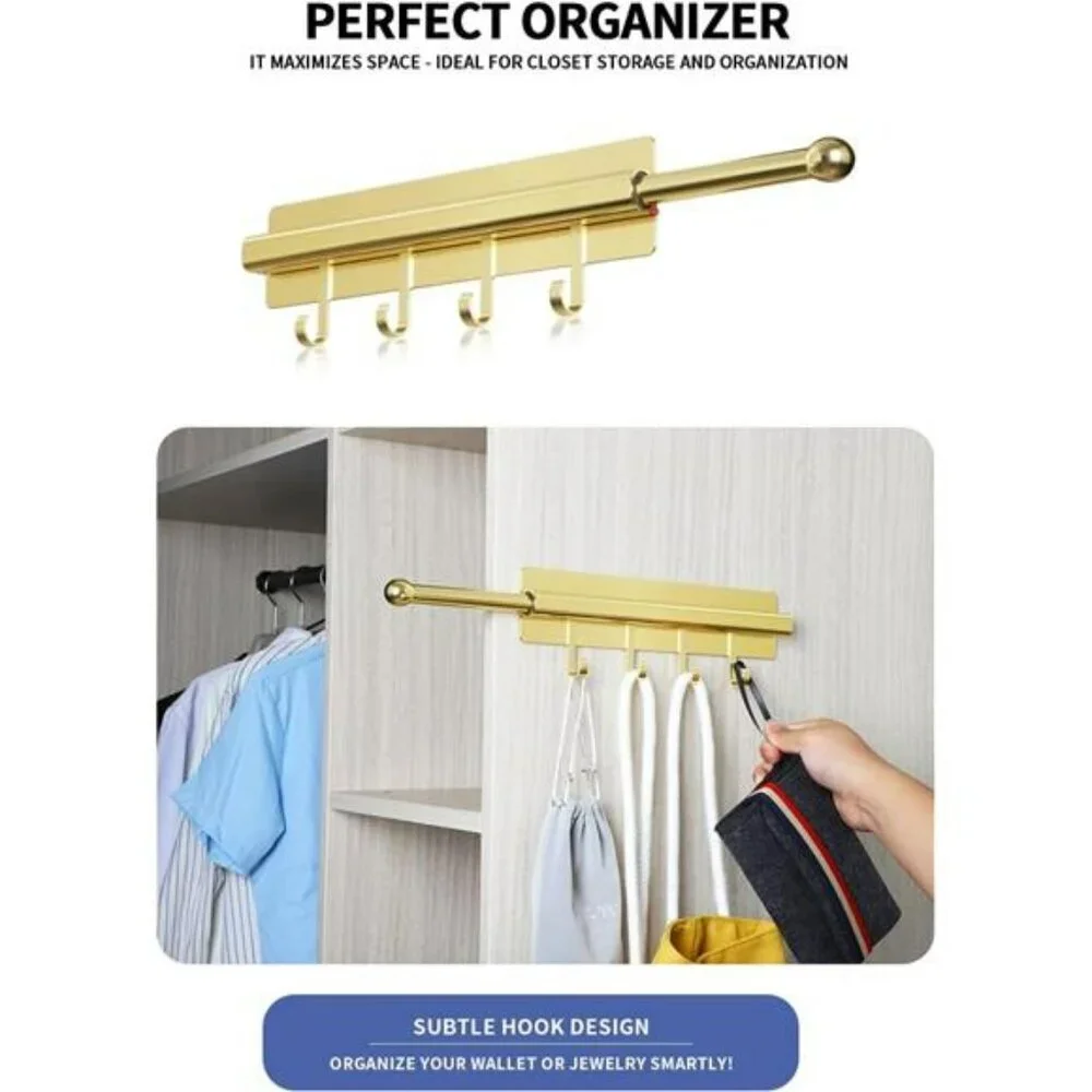 Gold Adhesive Closet Valet Rod 12 Inch Pull Out Clothes Hanger with Hooks Storag
